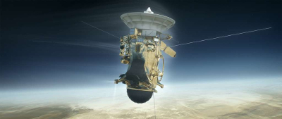 Vue d'artiste de cassini dans la haute atmosphère de Saturne