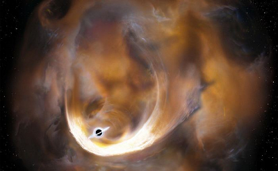Vue d'artiste d'un trou noir absorbant des nuages moléculaires