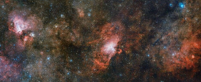 3 en 1 du VST : Sharpless 2-54, nébuleuse de l'Aigle, nébuleuse Oméga