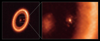 Vue grand champ et rapprochée d'un disque lunaire vu par ALMA