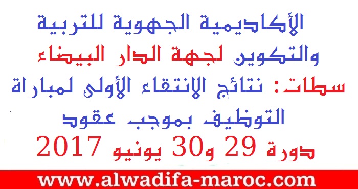 الأكاديمية الجهوية للتربية والتكوين لجهة الدار البيضاء سطات: نتائج الانتقاء الأولي لمباراة التوظيف بموجب عقود دورة 29 و30 يونيو 2017